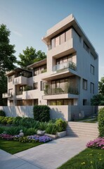 Fototapeta premium A Contemporary Dwelling with Stylish Architecture, Beautiful Exterior Design, and a Serene Garden Setting. Perfect Family Home in a Residential Neighborhood, Featuring Thoughtful Construction