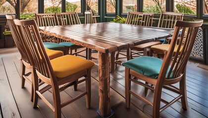 An eclectic mix of dining chairs around a reclaimed wood table.