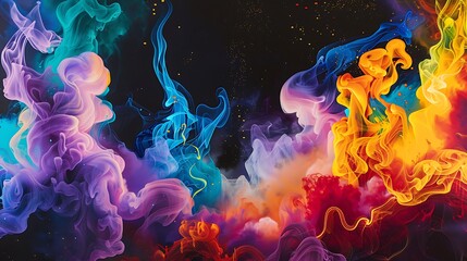 Obraz premium A surreal landscape of neon shapes and swirling smoke, bathed in a kaleidoscope of colors against a velvety black canvas.