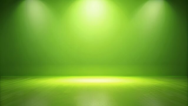 Empty bright green studio room background with soft gradient lighting and minimalistic floor reflection for product or graphic presentation.