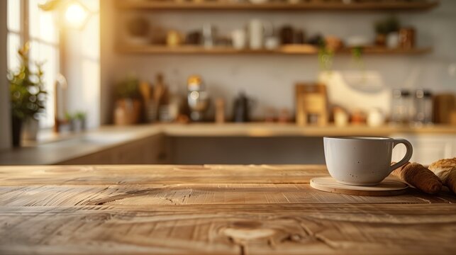 A closeup of an empty wooden kitchen counter with morning coffee and pastries on the side, set against a blurred background of light-colored cabinets and walls in the style of Scandinavian