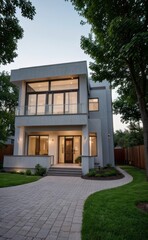 Obraz premium A Contemporary Dwelling with Stylish Architecture, Beautiful Exterior Design, and a Serene Garden Setting. Perfect Family Home in a Residential Neighborhood, Featuring Thoughtful Construction