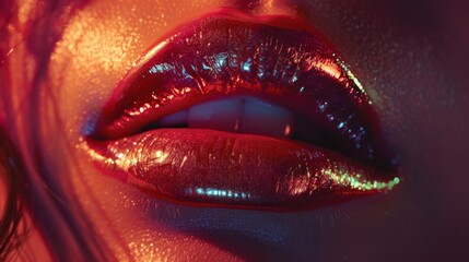 Close-up of glossy red lips with glitter.