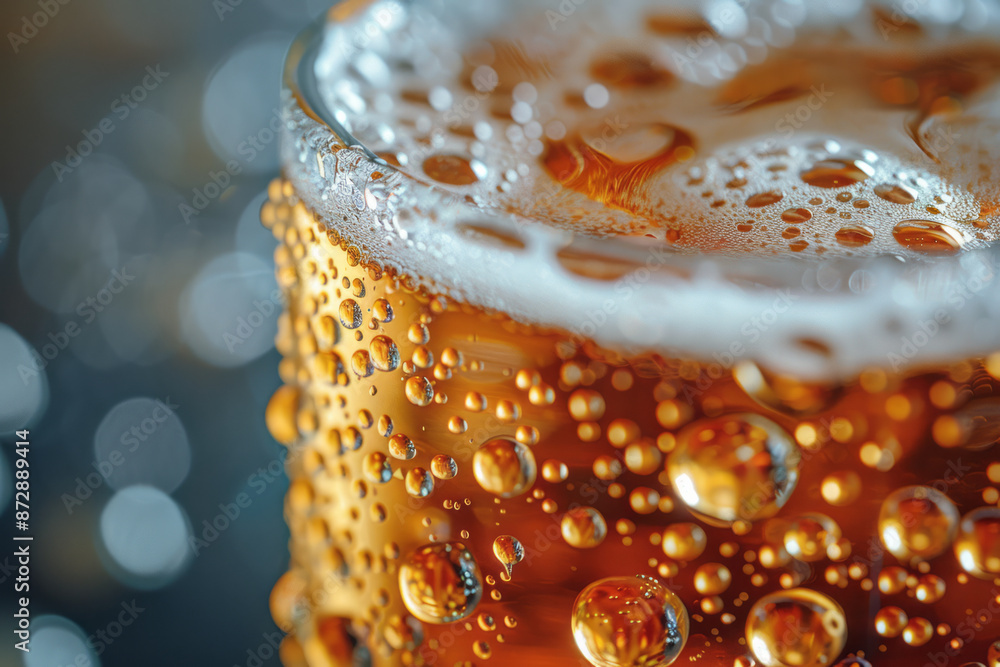 Poster macro view of a beer glass with foam slowly sliding down the side, condensation adding to the refres