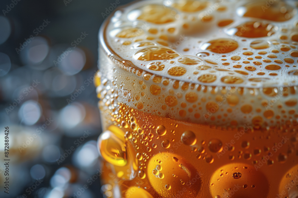 Aufkleber macro view of a beer glass with foam slowly sliding down the side, condensation adding to the refres