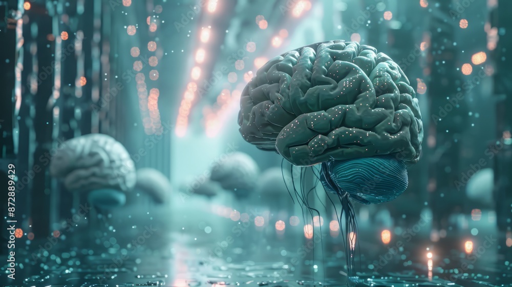 Poster futuristic digital brain with artificial intelligence concept - 3d rendered high-tech background for