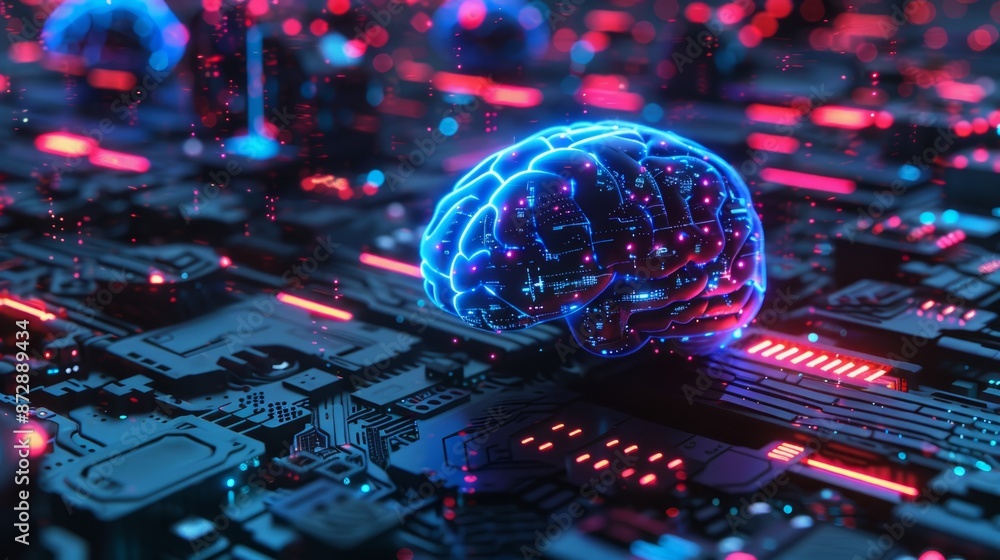 Poster futuristic digital brain with artificial intelligence concept - 3d rendered high-tech background for