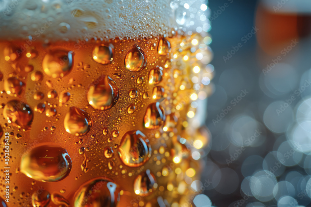Aufkleber macro view of a beer glass with foam slowly sliding down the side, condensation adding to the refres