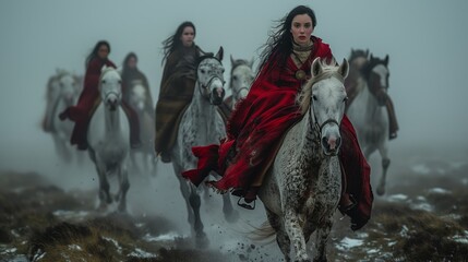 Fototapeta premium A Group of Women Ride White Horses Through Foggy Landscape