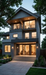 Fototapeta premium A Contemporary Dwelling with Stylish Architecture, Beautiful Exterior Design, and a Serene Garden Setting. Perfect Family Home in a Residential Neighborhood, Featuring Thoughtful Construction