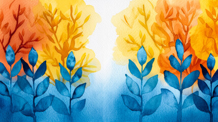 Naklejka premium Ink watercolor illustration capturing iridescent cobalt blue and deep amber hues symbolizing All Saints Day reverence banner design watercolour background 