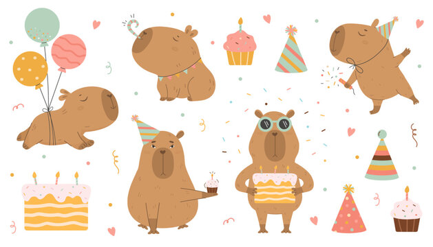 Funny capybara Happy Birthday big vector set