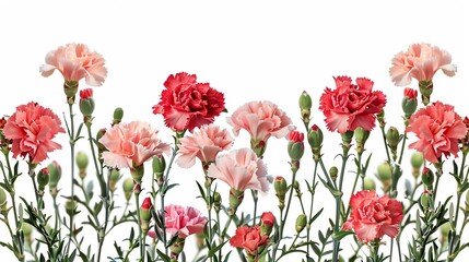 Fototapeta premium Carnation frame clipart, flower border, digital art, red and pink, isolated on white background,