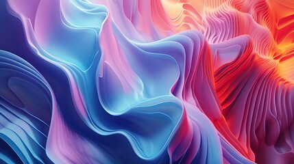 Fototapeta premium A vibrant abstract image featuring flowing, layered shapes in shades of blue, pink, and red. The design resembles fluid waves or fabric folds, creating a dynamic and visually engaging composition.