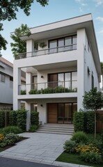 Fototapeta premium A Contemporary Dwelling with Stylish Architecture, Beautiful Exterior Design, and a Serene Garden Setting. Perfect Family Home in a Residential Neighborhood, Featuring Thoughtful Construction