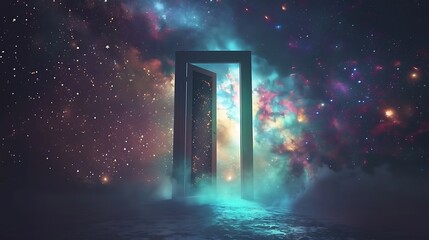 A surreal open door floating in a starry night, surrounded by colorful abstract bokeh light, creating a magical and dreamy atmosphere, minimalist design