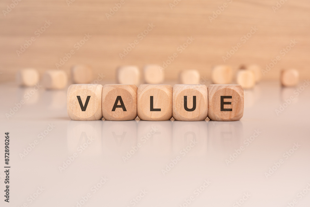 Poster wooden blocks with text value on brown background