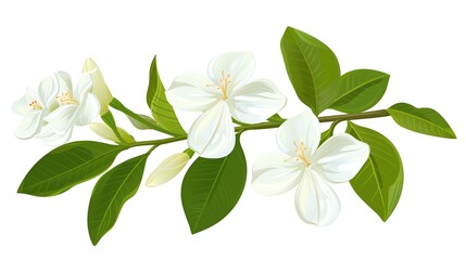 Obraz premium Jasmine flower clipart, national flower of Indonesia, flat design, white and green, isolated on white background,