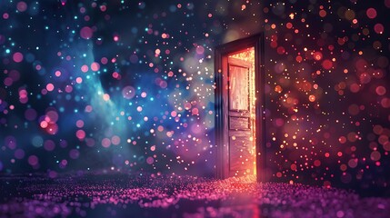A surreal open door floating in a starry night, surrounded by colorful abstract bokeh light, creating a magical and dreamy atmosphere, minimalist design