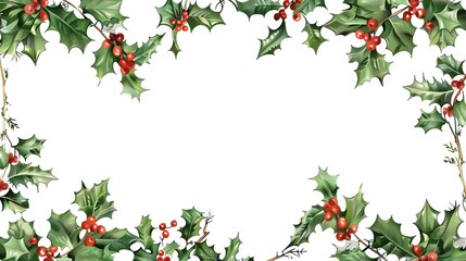 Holly leaf frame clipart, foliage border, handdrawn style, green and red, isolated on white background,