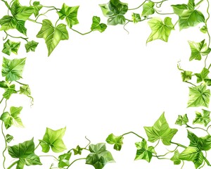 Ivy leaf frame clipart, foliage border, handdrawn style, green and white, isolated on white background,