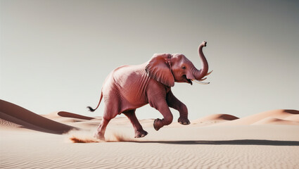 A pink elephant runs across the sand dunes of a desert landscape, kicking up dust with its feet