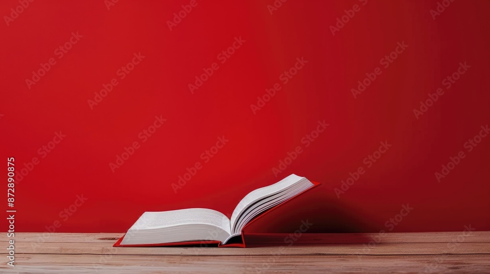 Poster red covered open textbook on wooden desk with red backdrop remote learning during quarantine