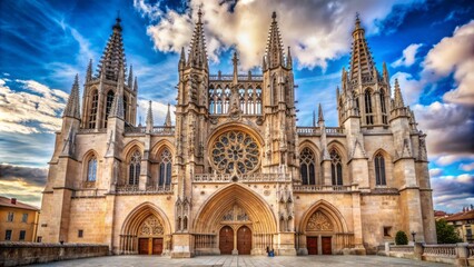 Fototapeta premium Majestic stone facade of Coroner?a, Burgos Cathedral, Spain, showcases intricate Gothic architecture, ornate carvings, and stunning stained glass details.