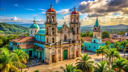 Majestic Baroque-style basilica with vibrant turquoise domes and ornate architecture set amidst lush tropical surroundings in Cuba.