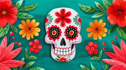 Ink watercolor illustration depicting the vibrant blend of crimson red and cool emerald green hues for Day of the Dead banner design watercolour background 