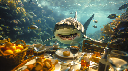 A Great White shark swims through an aquarium, seemingly interrupting a dinner party with a set table and chairs