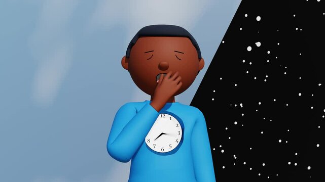 A yawning black man with clock spinning in his chest as background revolves from night to day and back again. 