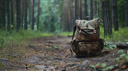 A brown colour backpack in the forest