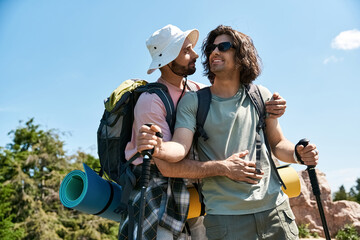 A young gay couple enjoys a summer hiking trip, sharing a loving embrace amidst beautiful natural scenery.