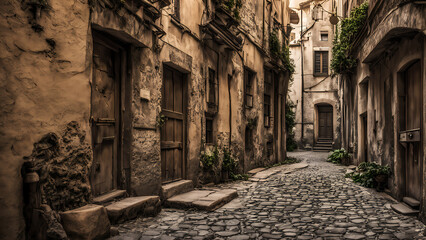 A narrow cobblestone street with old buildings and wooden doors.