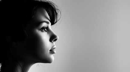 Fototapeta premium Black and white photo of side profile portrait of a woman, seamless white background, high contrast