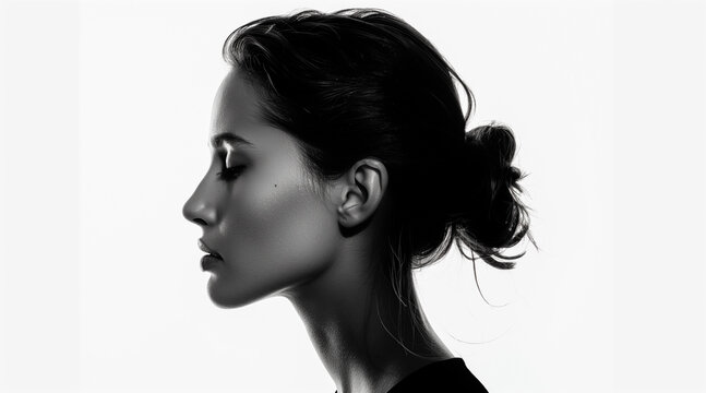 Black and white photo of side profile portrait of a woman, seamless white background, high contrast