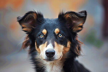 Fototapeta premium A black and white Border Collie dog with alert eyes sits in a studio, its fluffy fur contrasting against the clean background