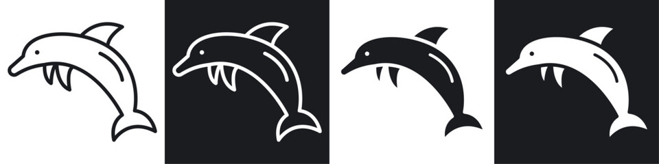 Dolphin vector icon set in black and white filled and solid style