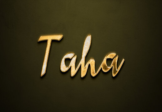 Old gold text effect of Arabic name Taha with 3D glossy style Mockup.