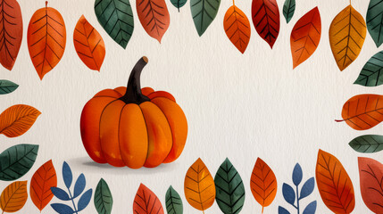 Ink watercolor illustration featuring warm vibrant tones of falling leaves surrounding a festive pumpkin for Thanksgiving banner design watercolour background 