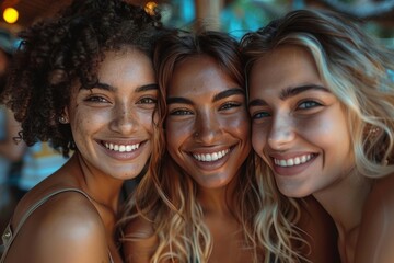 Fototapeta premium Three young women with different hair styles and radiant smiles enjoy a sunny day at the beach, embracing each other happily and showing a strong friendship bond.
