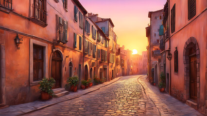 Fototapeta premium Sunset over a cobblestone street in a European town.