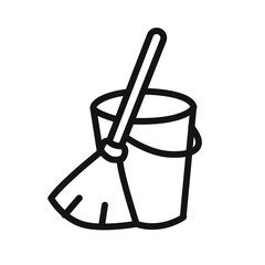 besom with stick and pail icon linear vector graphics sign