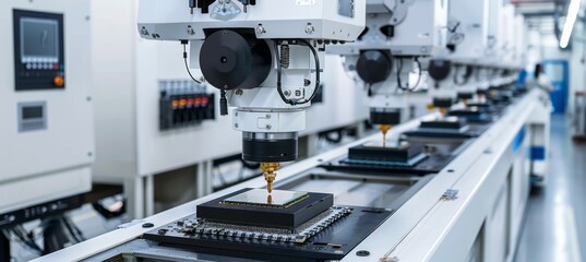 Drill machine for microchip manufacture component. Semiconductor chip industry. Generative AI technology. 