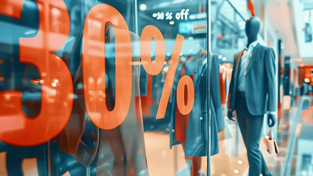 Shopping sale sign. Sign of sale shopping.discount sign on show window. Sale sign, symbol in clothes shop,The red announcement of a thirty-percentage discount on a glass show-window.