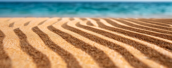 Intricate ripple patterns on sandy beach under tropical sunlight 