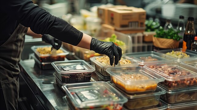 A person is preparing to pack food in plastic containers, surrounded by stacked boxes of takeout dishes and bottles on the table.