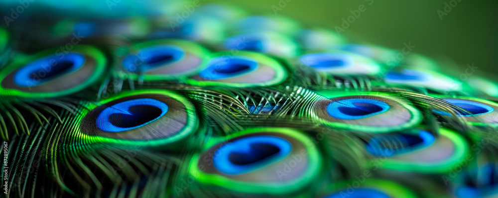 Poster vivid macro capture showcasing the intricate patterns on peacock feathers