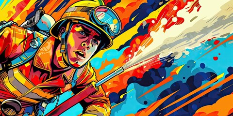 Fototapeta premium Retro Firefighter Illustration with Flames